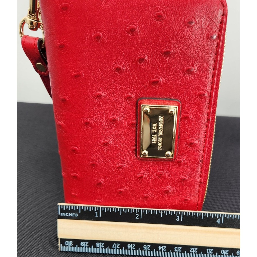 MICHAEL KORS Red Ostrich Embossed Leather Wristlet Wallet Gold Hardware - Picture 12 of 13